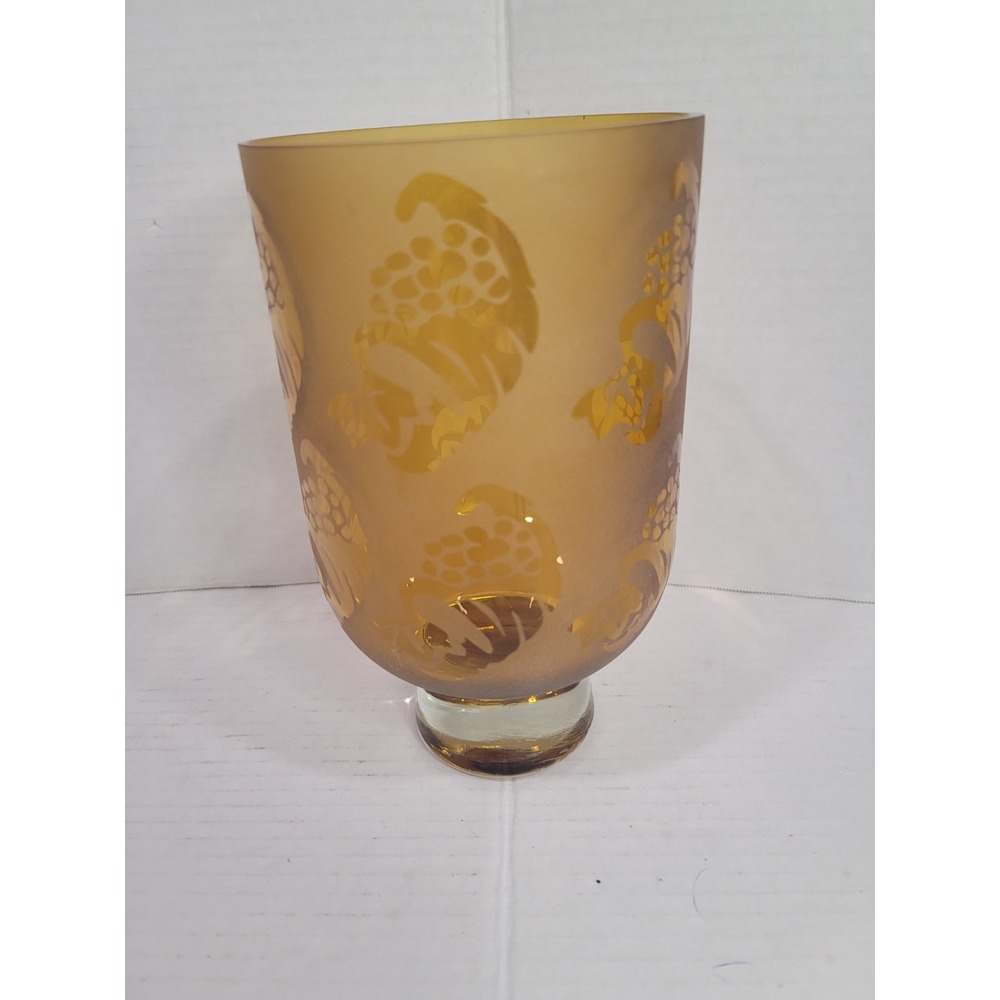 Vintage mid century Amber Frosted Vase cornucopia etched.
